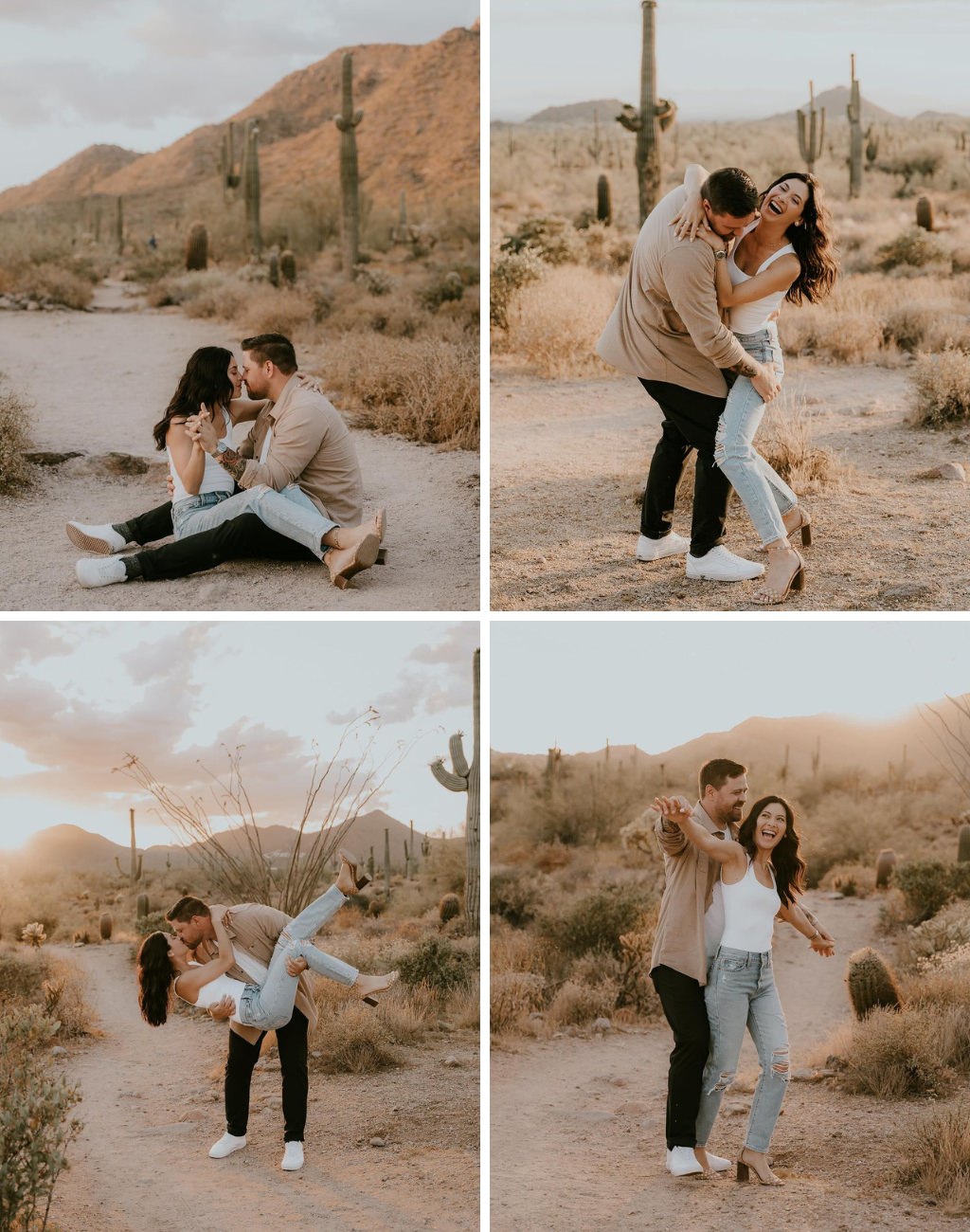 A couple posing for casual engagement photos in the desert