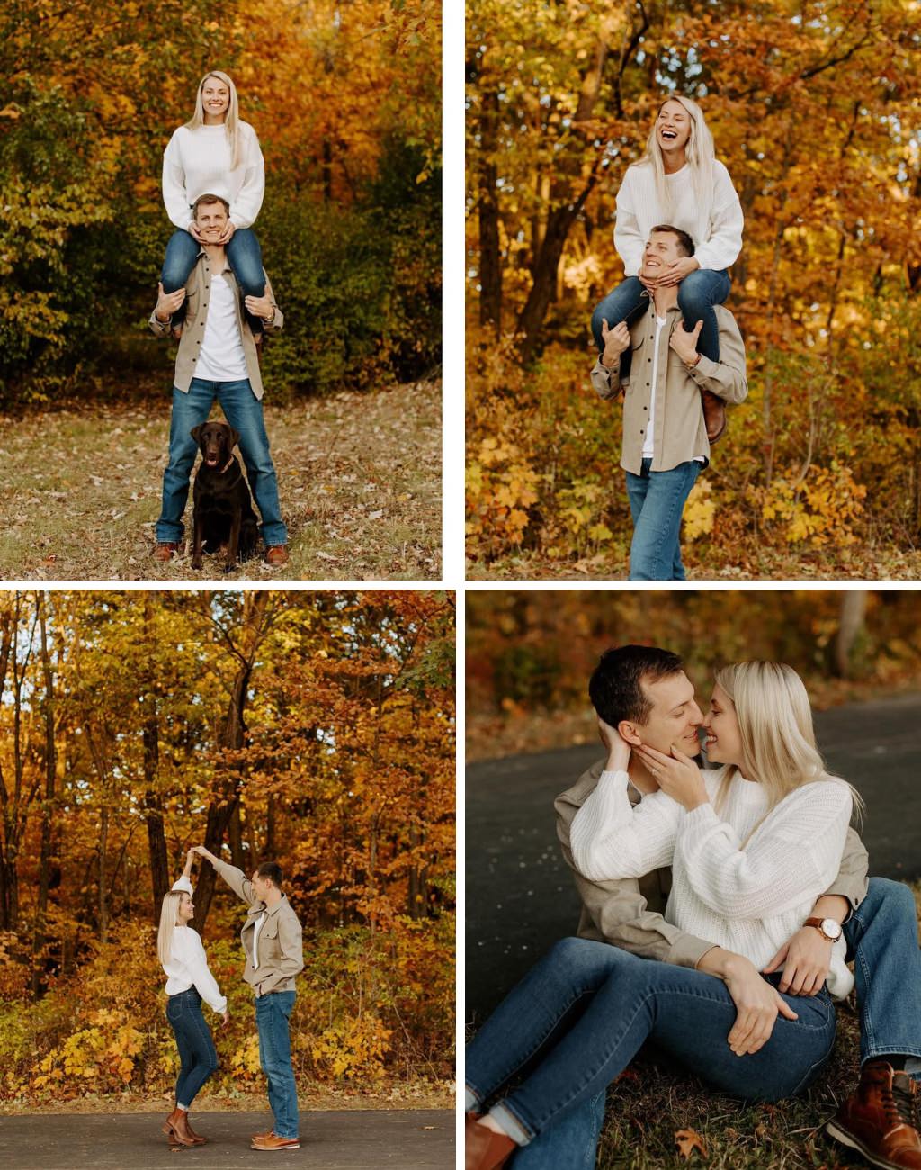 A couple posing for engagement photos in the fall wearing jeans and with their dog
