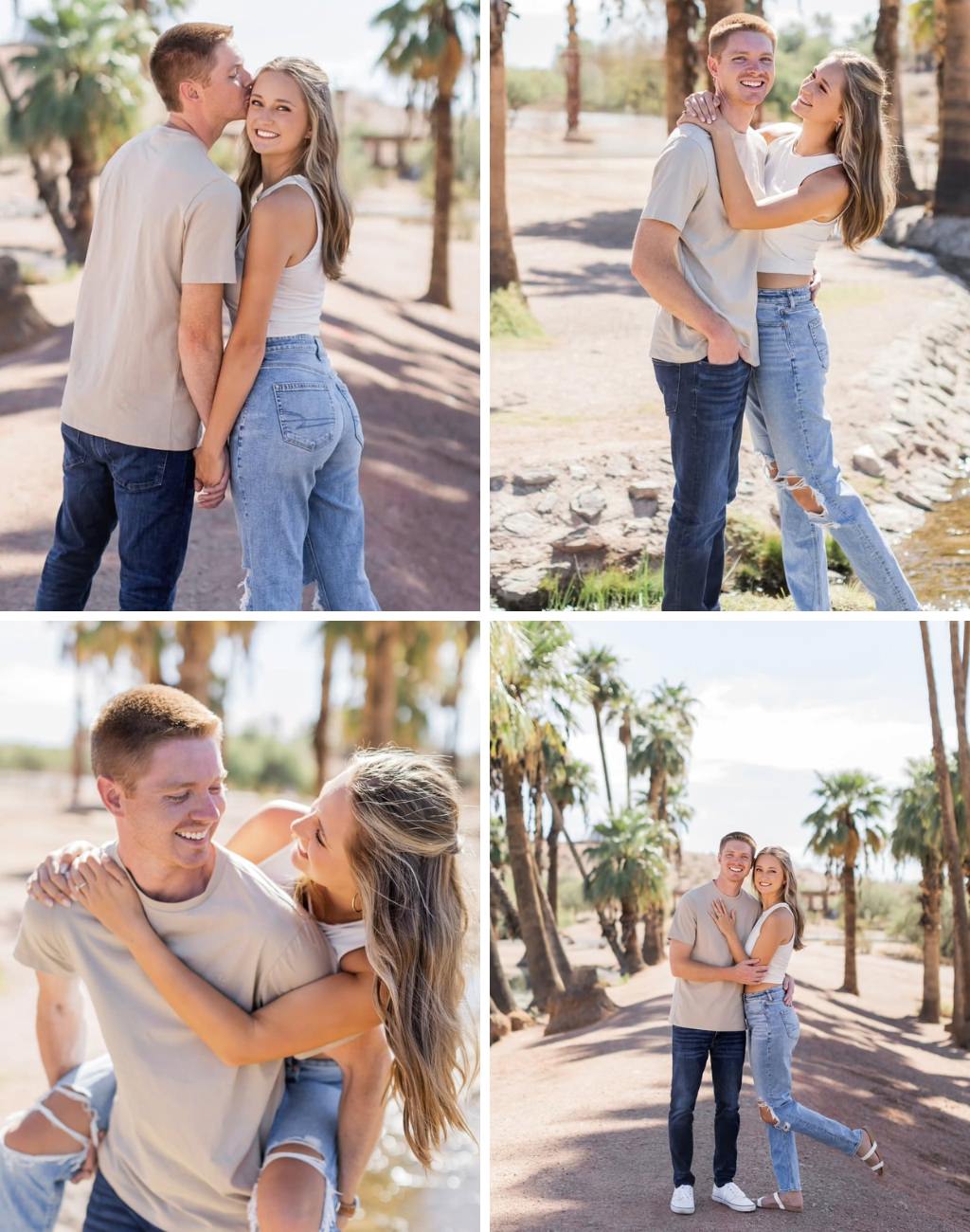 A fun and casual engagement session with the couple posing in jeans and shirts