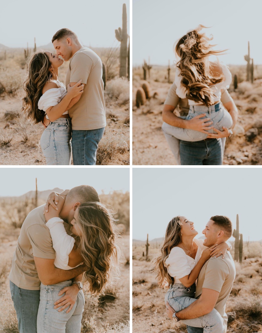 A cute casual engagement session in the desert with the couple wearing jeans