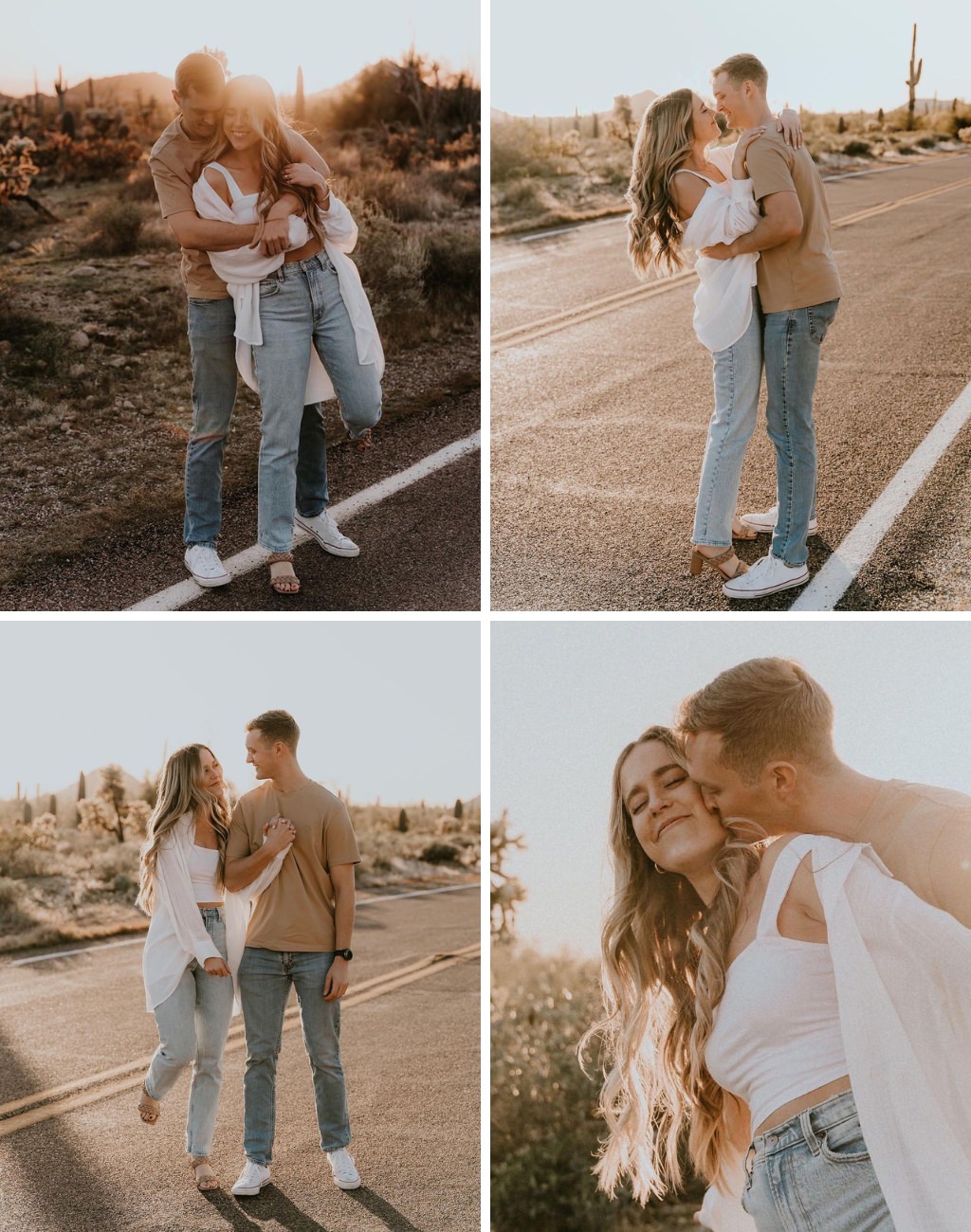 A guy and girl posing for engagement pictures wearing jeans in the desert