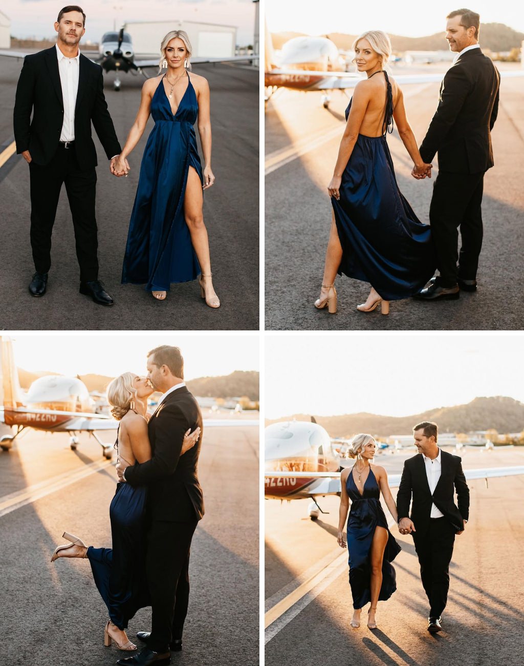 A couple posing for engagement near an airplane. The man is in a suit and the woman is in a gorgeous blue dress
