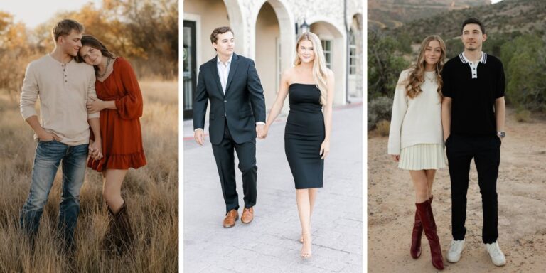 A photo collage showing 3 different engagement photos outfits and poses