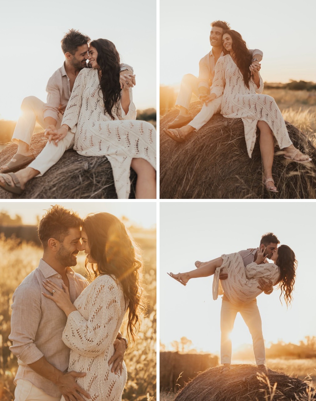 A couple posing for engagement photos a t sunset in a big hay field. There are 4 different photos showing a variety of fun poses