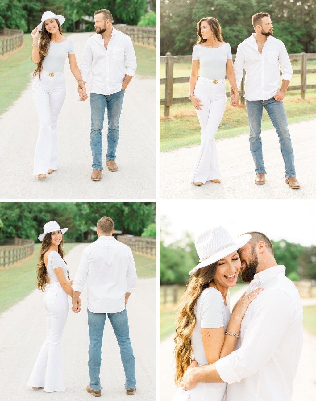 A 4 photo collage of a couple taking engagement photos. The woman is wearing white pants, white top, and white hat. The man is wearing jeans and a white shirt