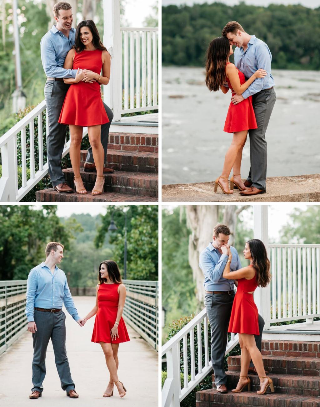 A photo collage showing 4 engagement photos with a girl in a short red dress in a variety of poses with the guy who is wearing slacks and a nice shirt