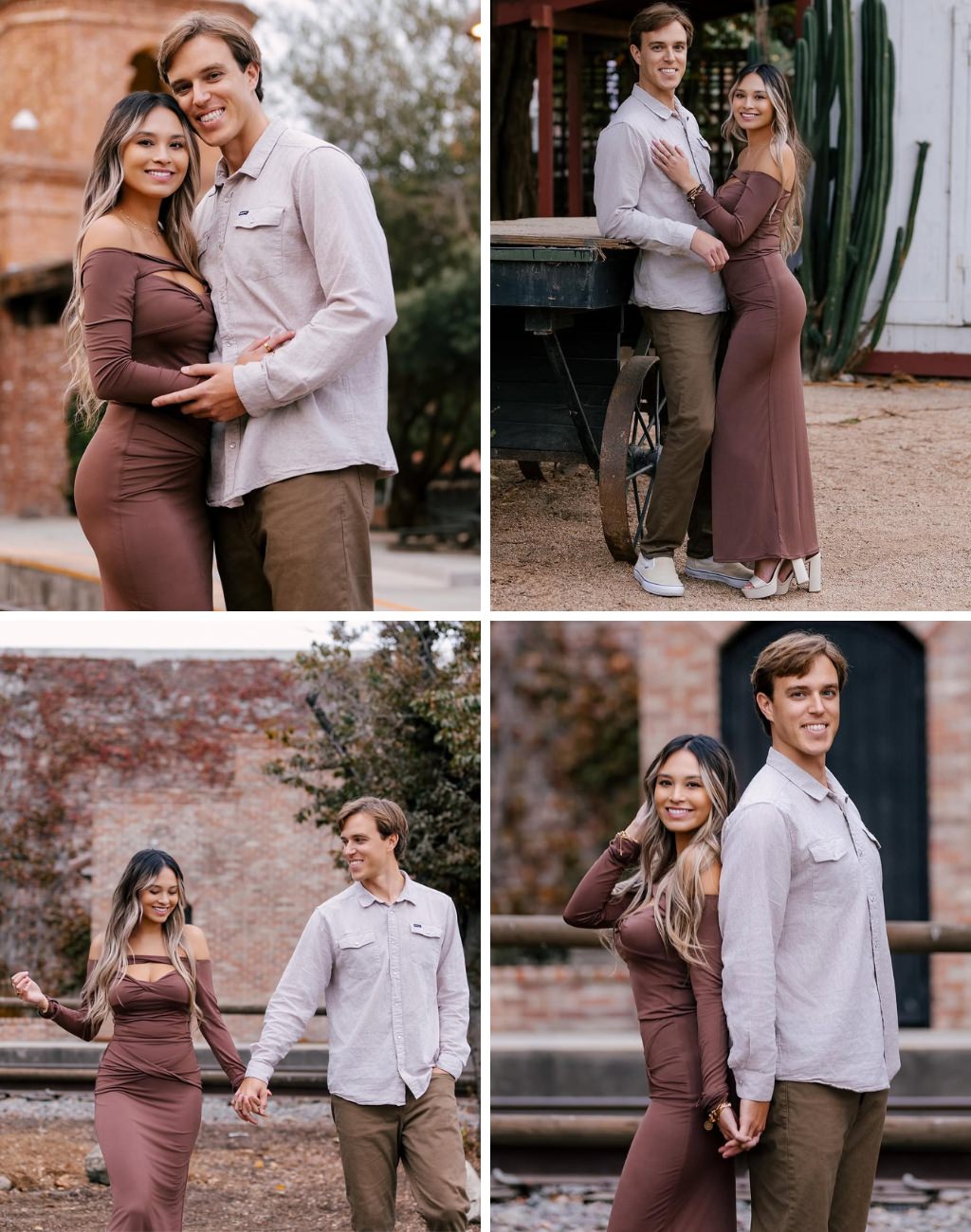A photo collage showing a couple posing for engagement photos. The girl is in a tight brown dress.