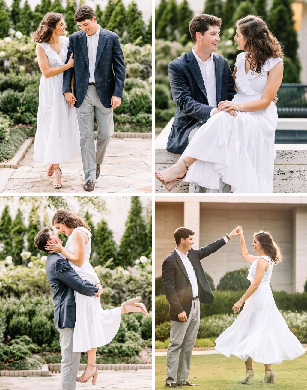 A fun photo collage of engagement photos with the couple in a variety of poses. The girl is wearing a flowy white dress.