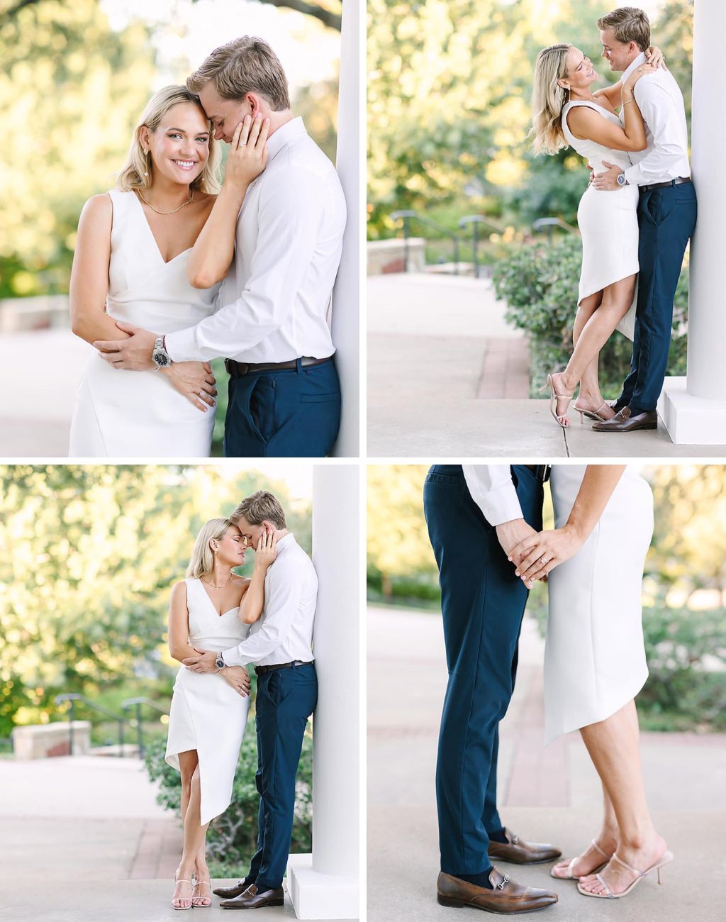 A photo collage showing 4 different engagement photos of the same couple in different poses. The woman is in a white dress and the man is in a white shirt and dark slacks.