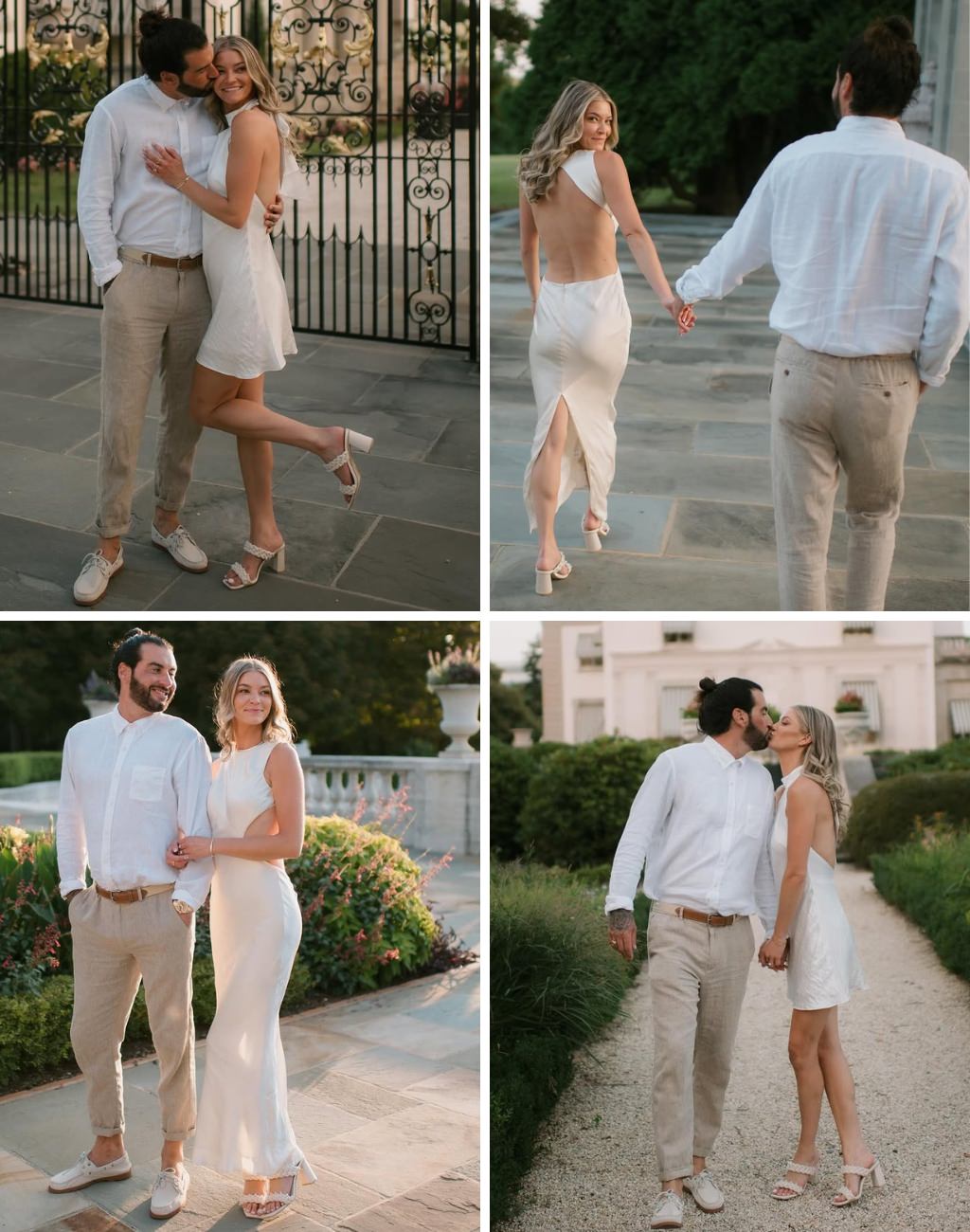 A photo collage showing a couple in their engagement pictures with the girl wearing a silky white dress.