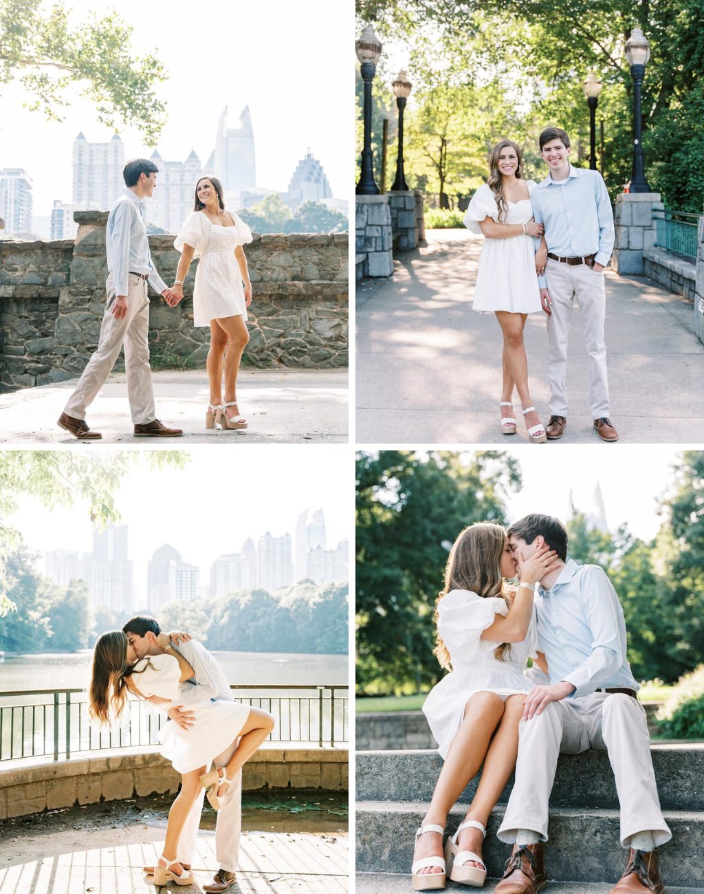 A variety of engagement photos where the couple is in New York City in Central Park. They are in a variety of cute poses and the girl is wearing a short white dress.