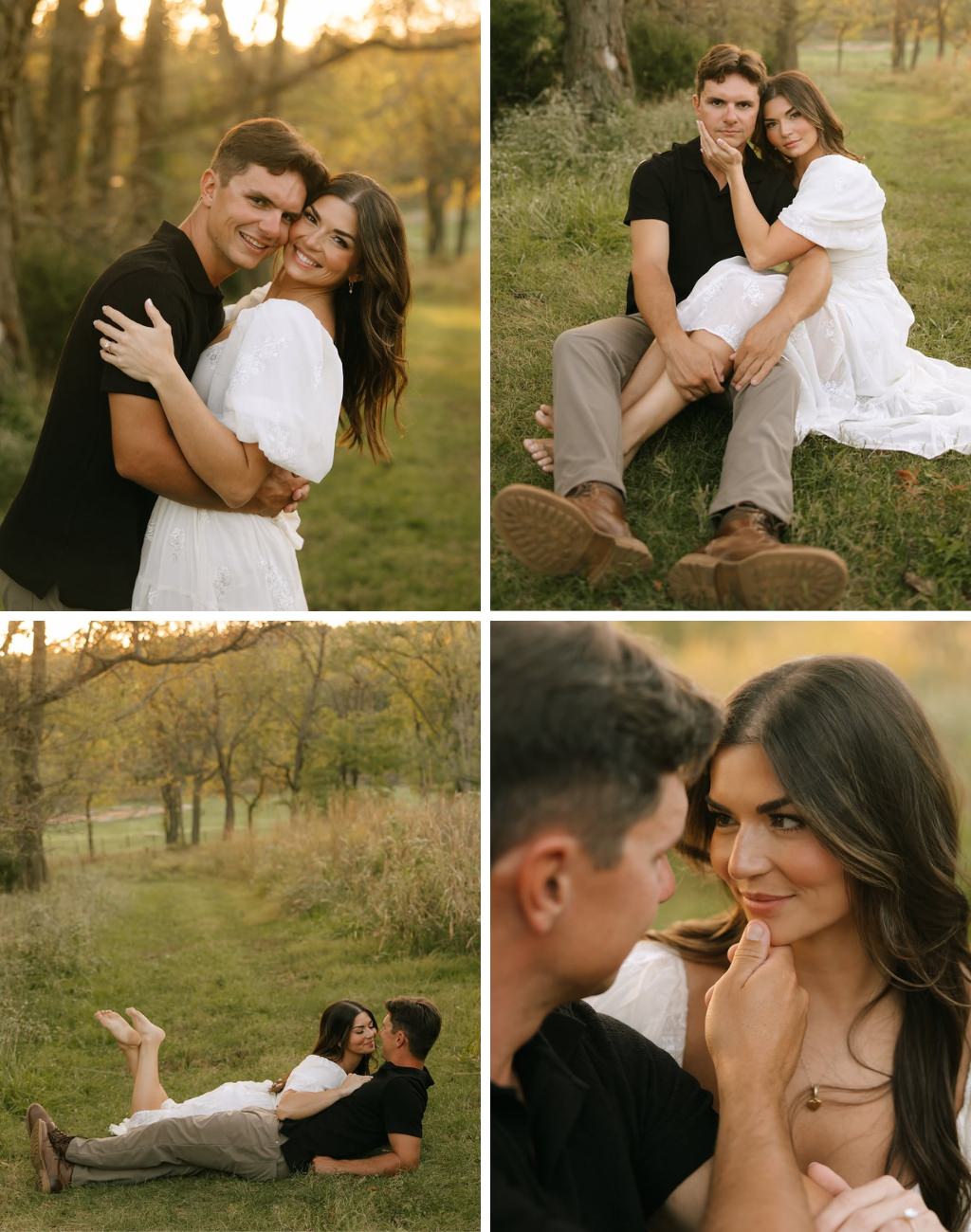 Engagement photos showing a couple in some really cute poses where they are holding each other.