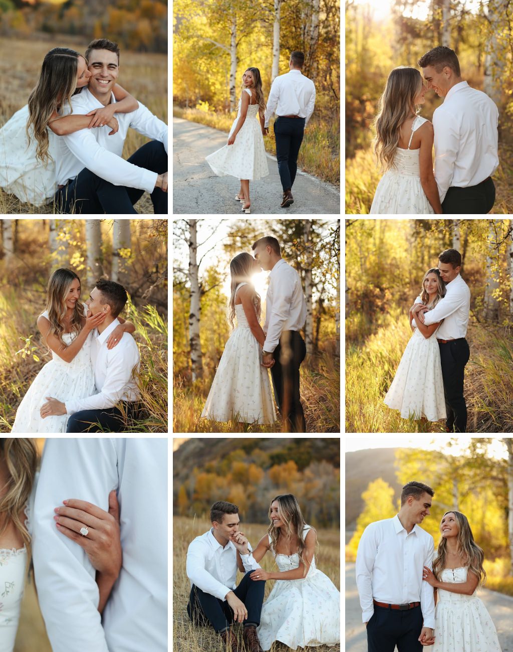 A variety of engagement photos in fall that shows the couple holding and kissing each other in a variety of romantic poses.