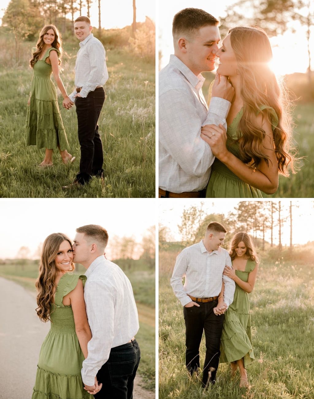 Engagement photos that show a couple in a field out in nature and they are in a variety of close and cute poses.