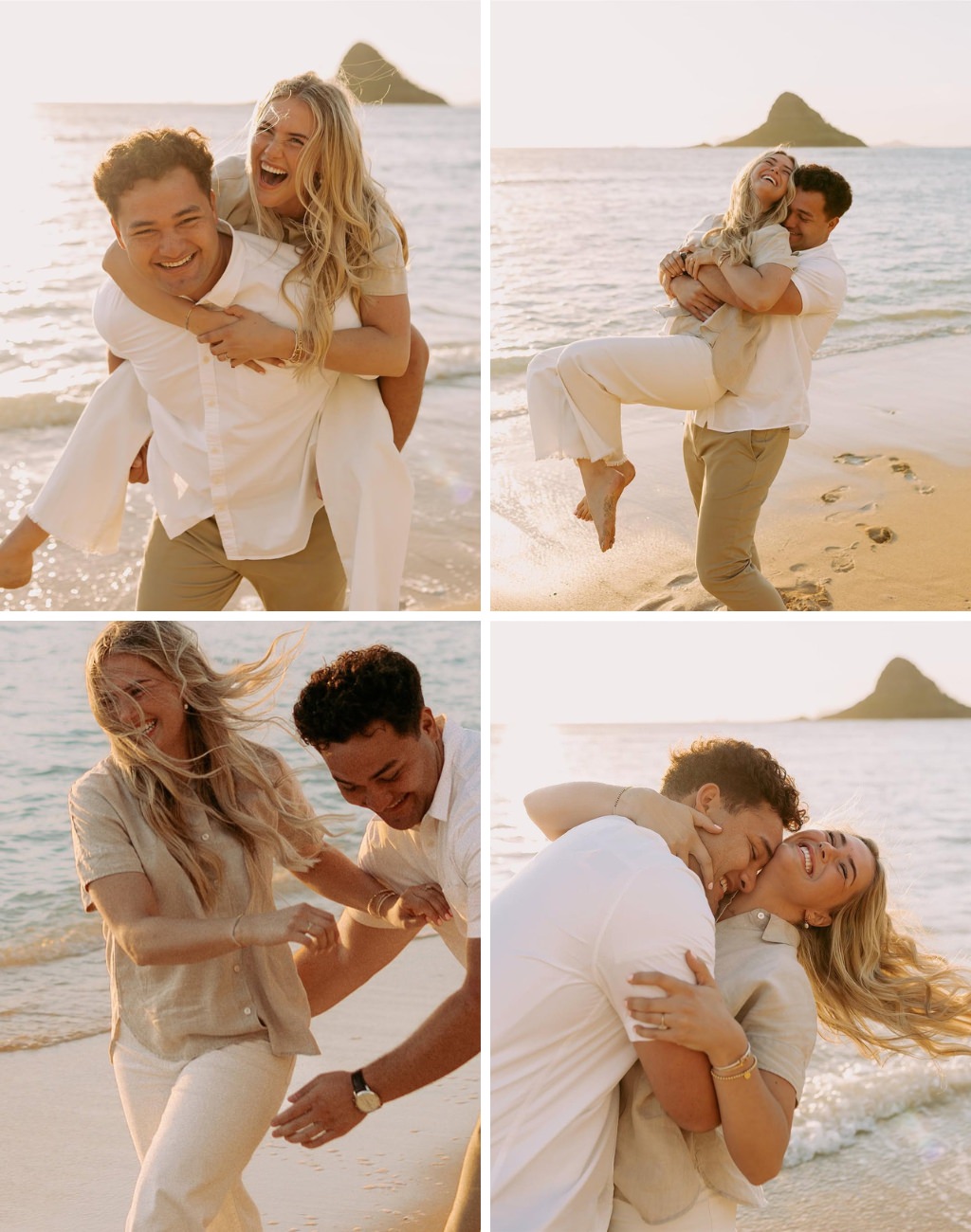 A variety of fun engagement photo poses at the beach with a couple wearing white and beige and being very playful