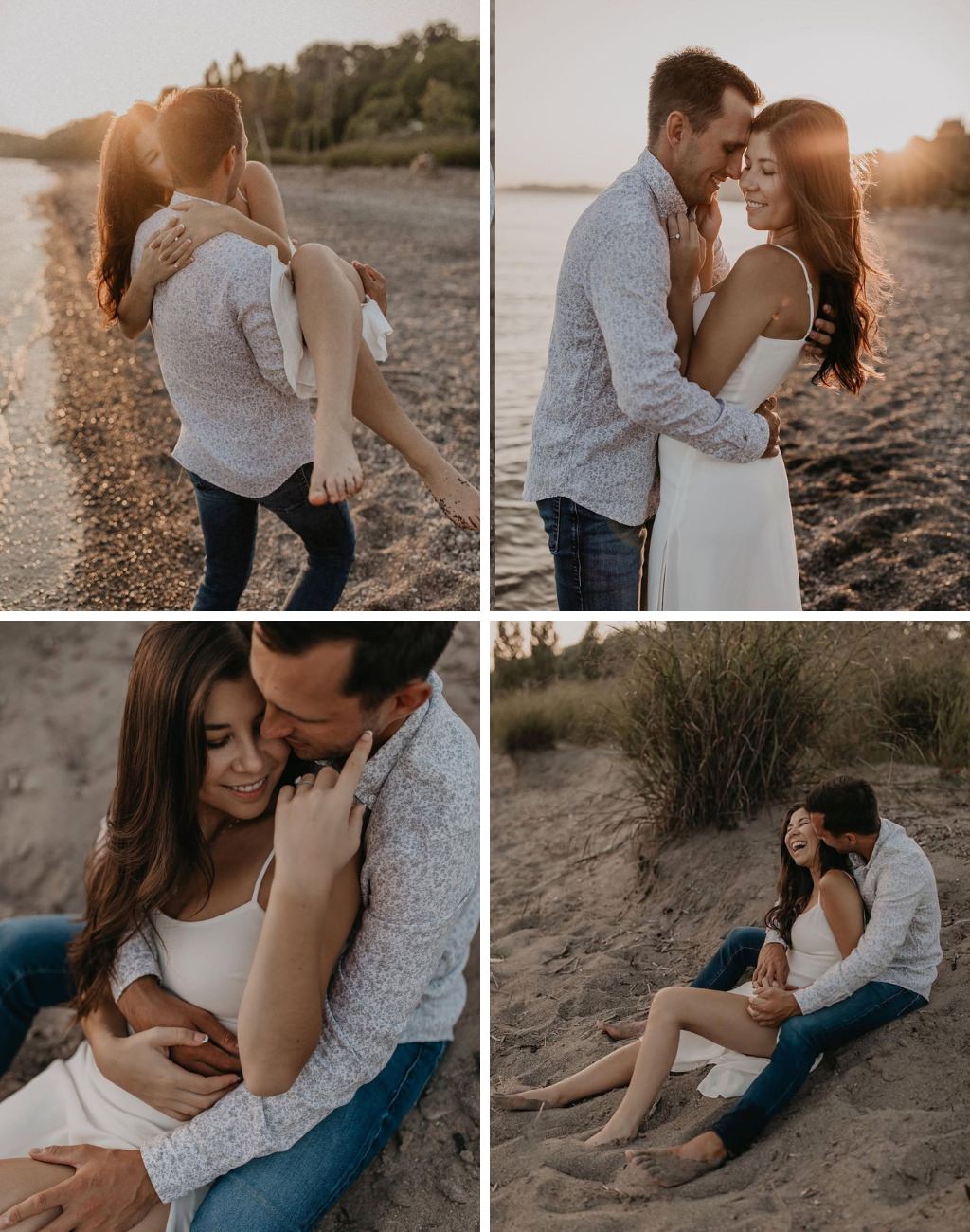 Fun and playful engagement photo poses with a couple at the beach at sunset. The girl is wearing a white dress and there is one of the guy lifting her up barefoot