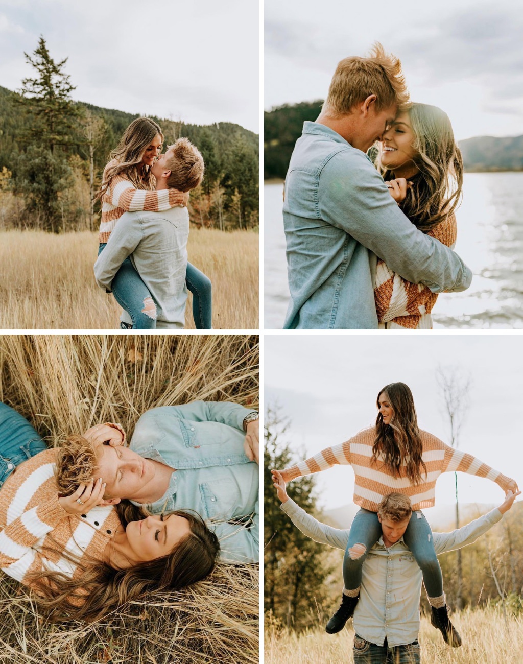 a few engagement photo poses that show the couple holding each other and a fun photo of the girl on the guy's shoulders