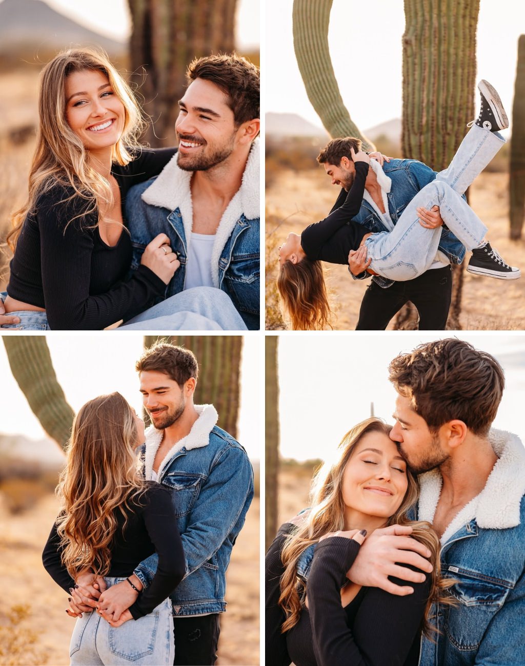 Candid engagement photo poses with a couple in jeans in the desert