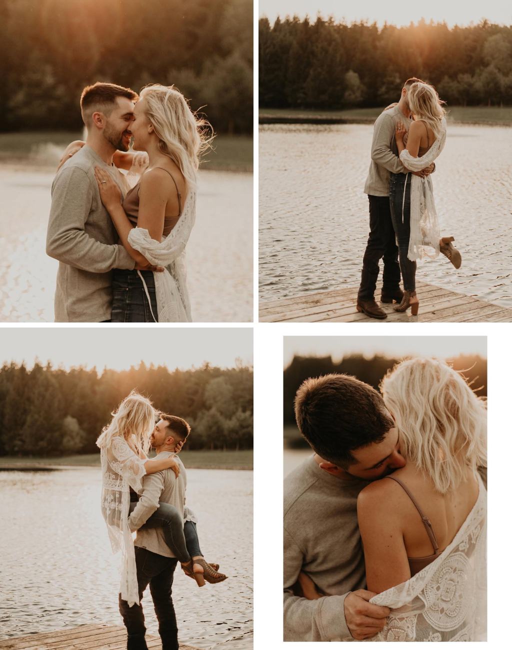 golden hour engagement photos with the couple kissing and showing a variety of romantic poses near a lake