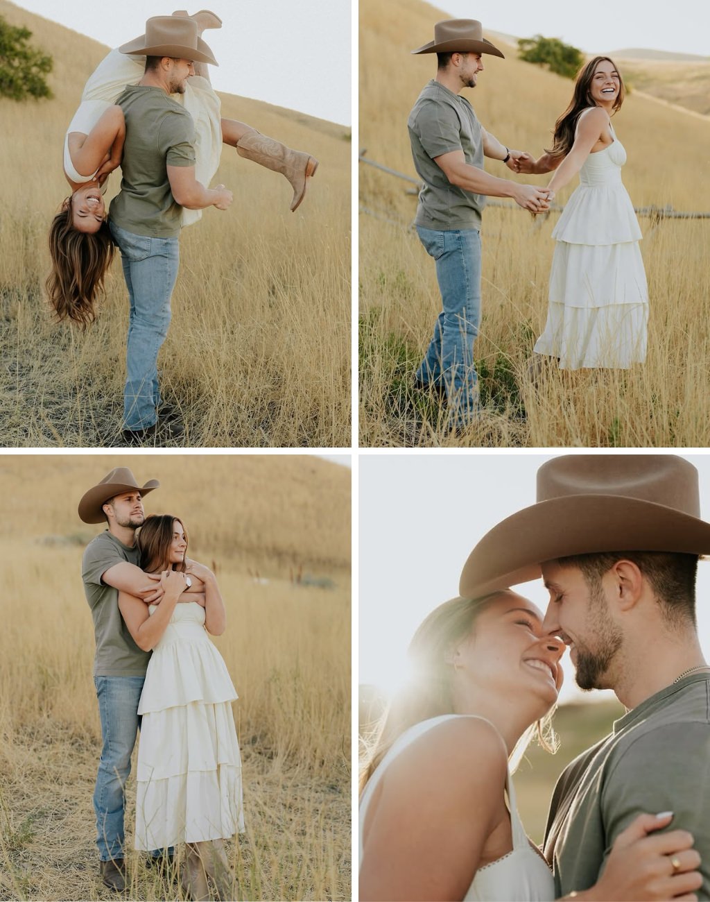 A rustic country engagement photo series showing the guy wearing a cowboy hat and jeans and the girl wearing a white dress. They are striking a few fun poses