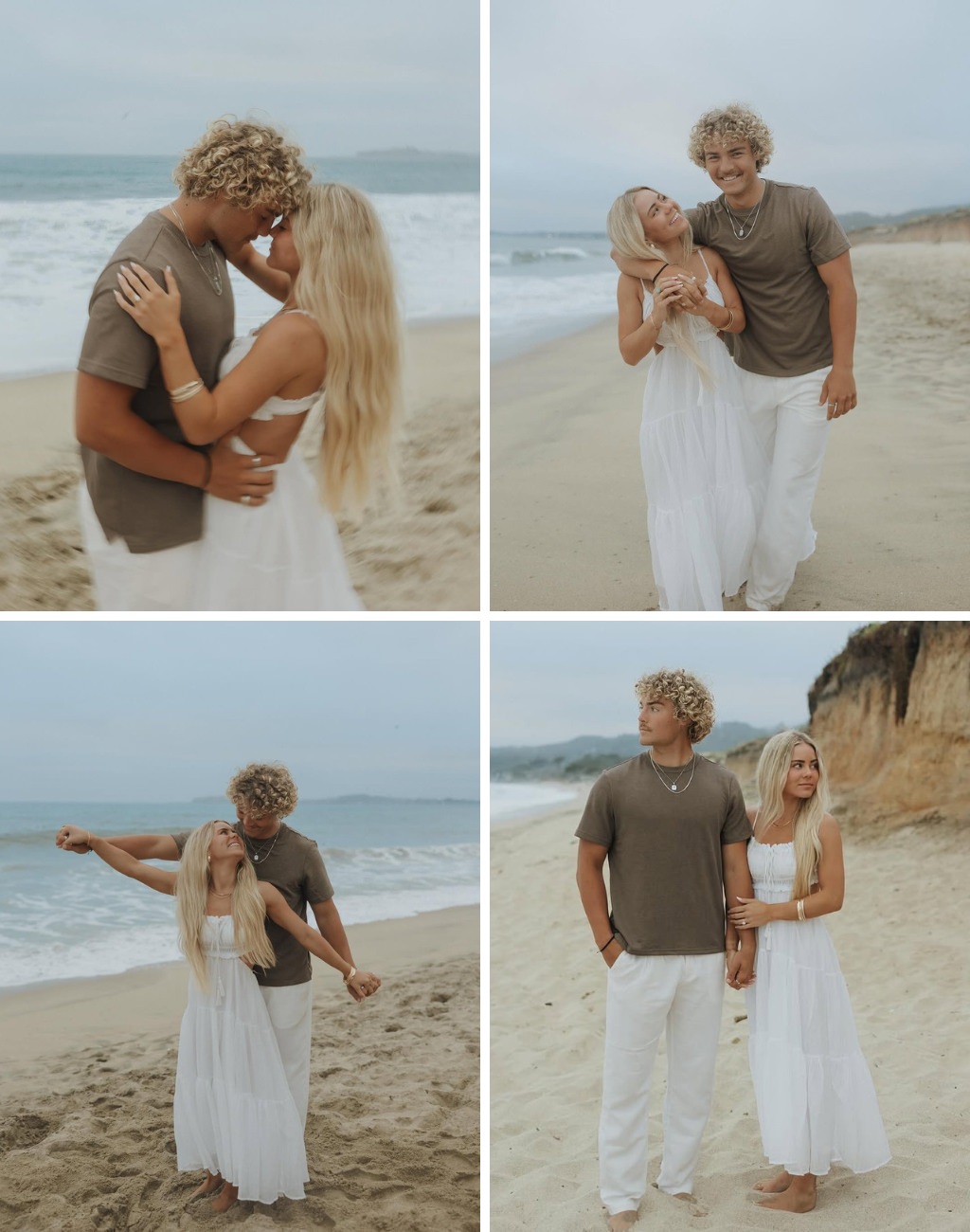 playful engagement photo poses at the beach with a guy in white pants and girl in a white dress