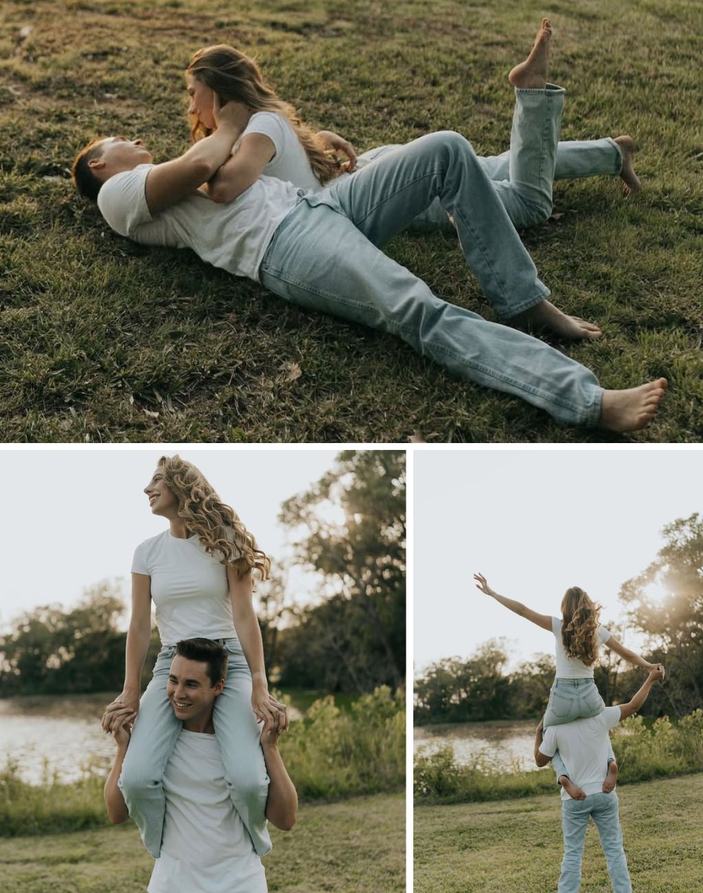 A few cute and playful engagement photo poses in nature by a lake. The couple is barefoot in blue jeans