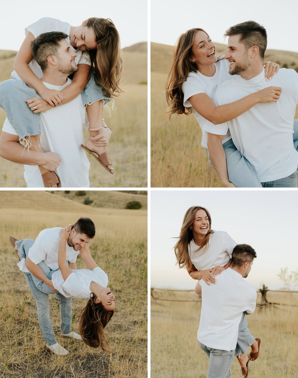 An outdoor engagement photo session with a couple wearing jeans and doing a variety of playful poses