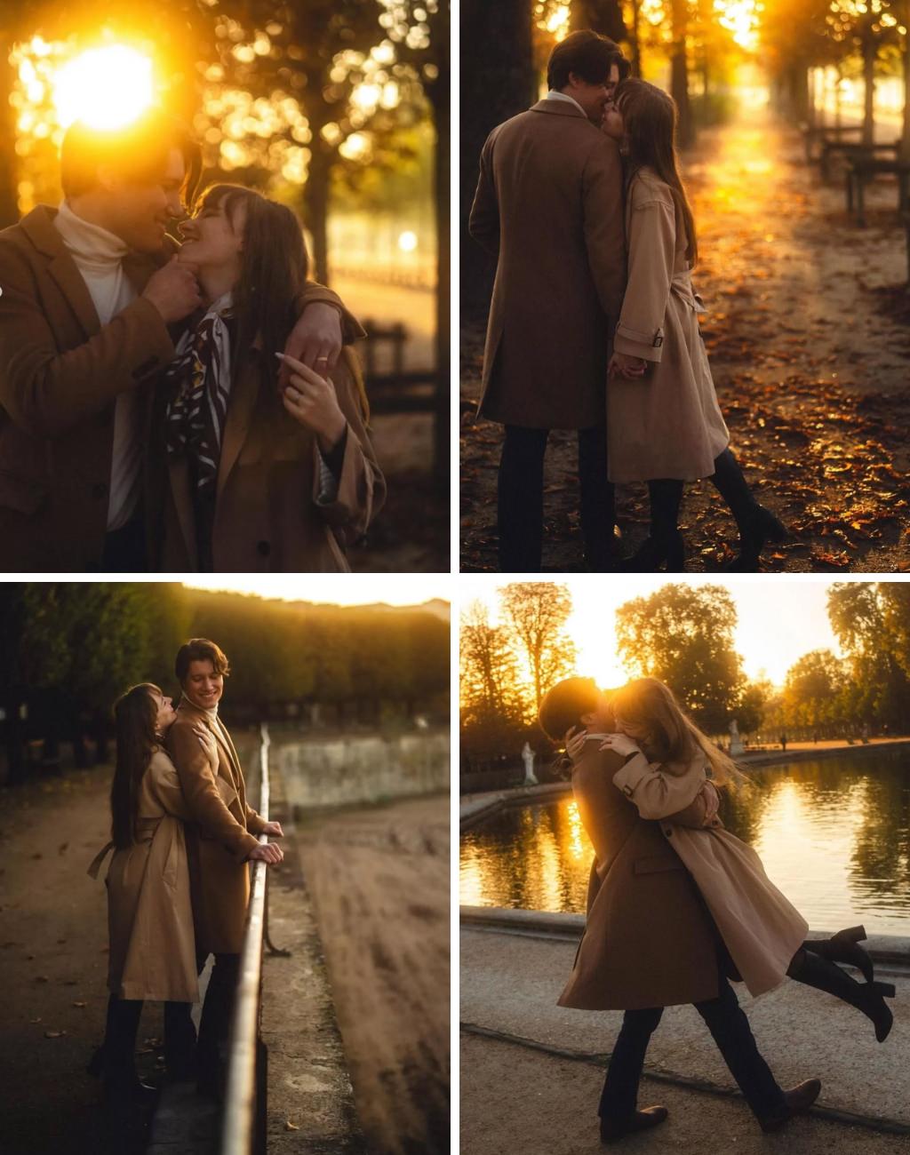 A late fall engagement photo session with a couple dressed in warm clothes posing romantically at sunset during golden hour