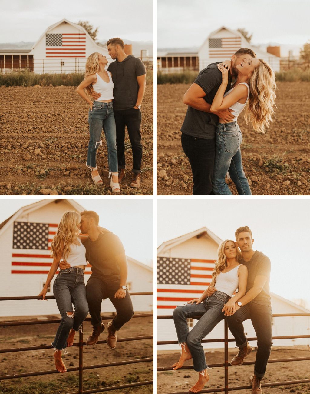 A rustic engagement session with the couple posing in jeans. The girl is barefoot