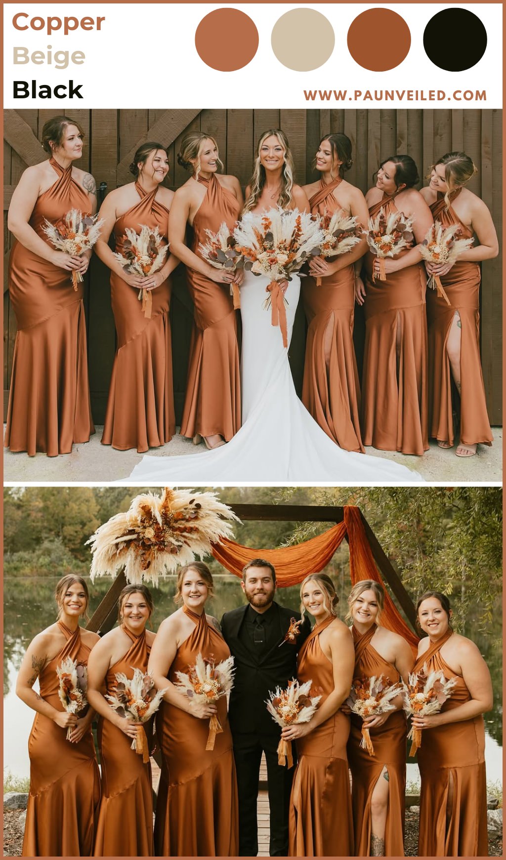 Bridesmaids wearing copper colored dresses posing with the bride and groom at a fall wedding