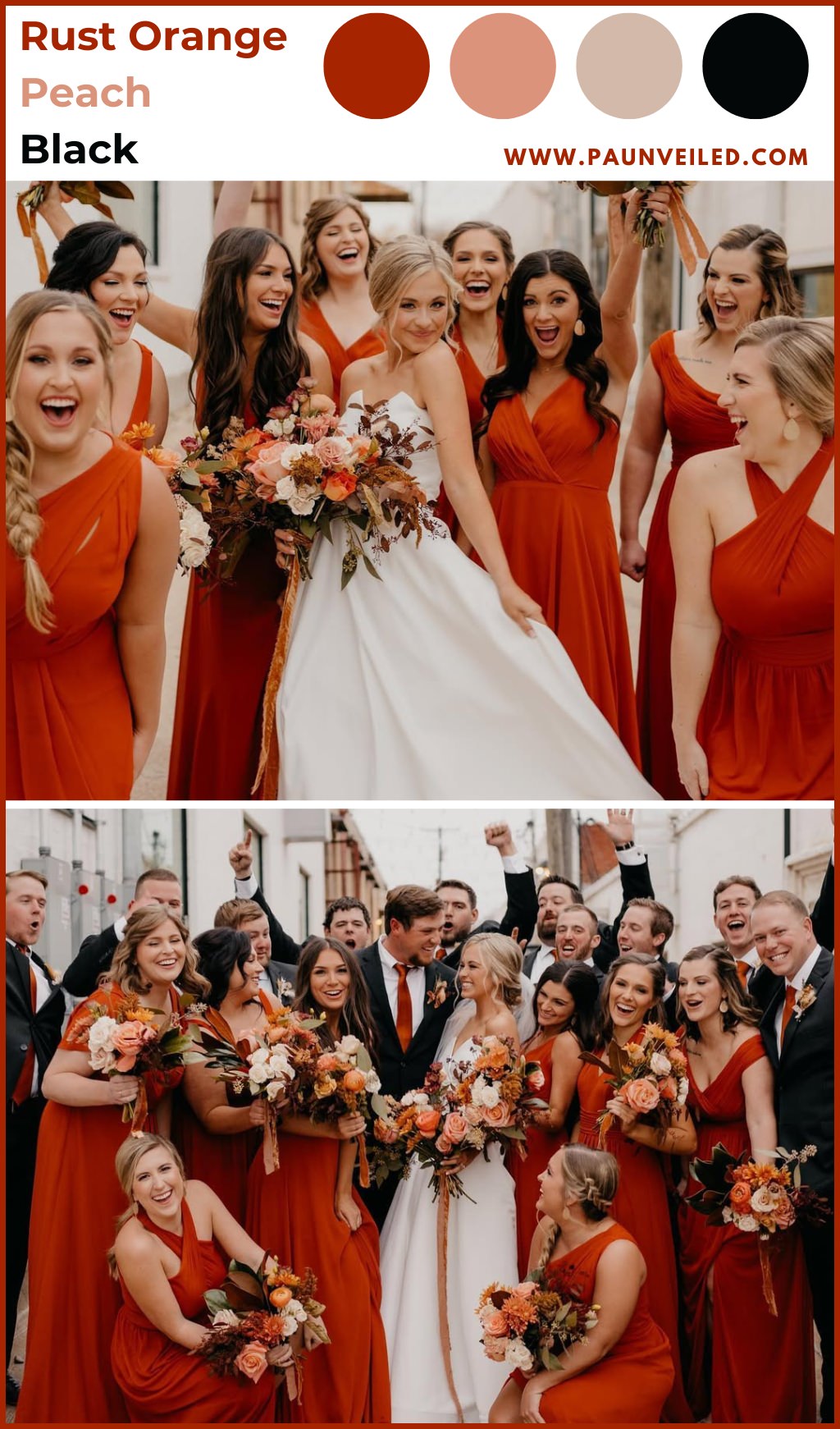 A bride and bridesmaids wearing rust orange bridesmaid dresses for a fall wedding. This is for the blog post called fall wedding colors for 2025