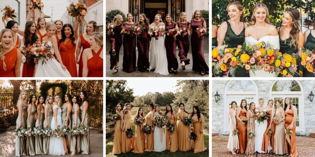 A photo collage showing 6 different fall wedding colors for 2025. This shows six different bridal parties posing in beautiful fall colored dresses.