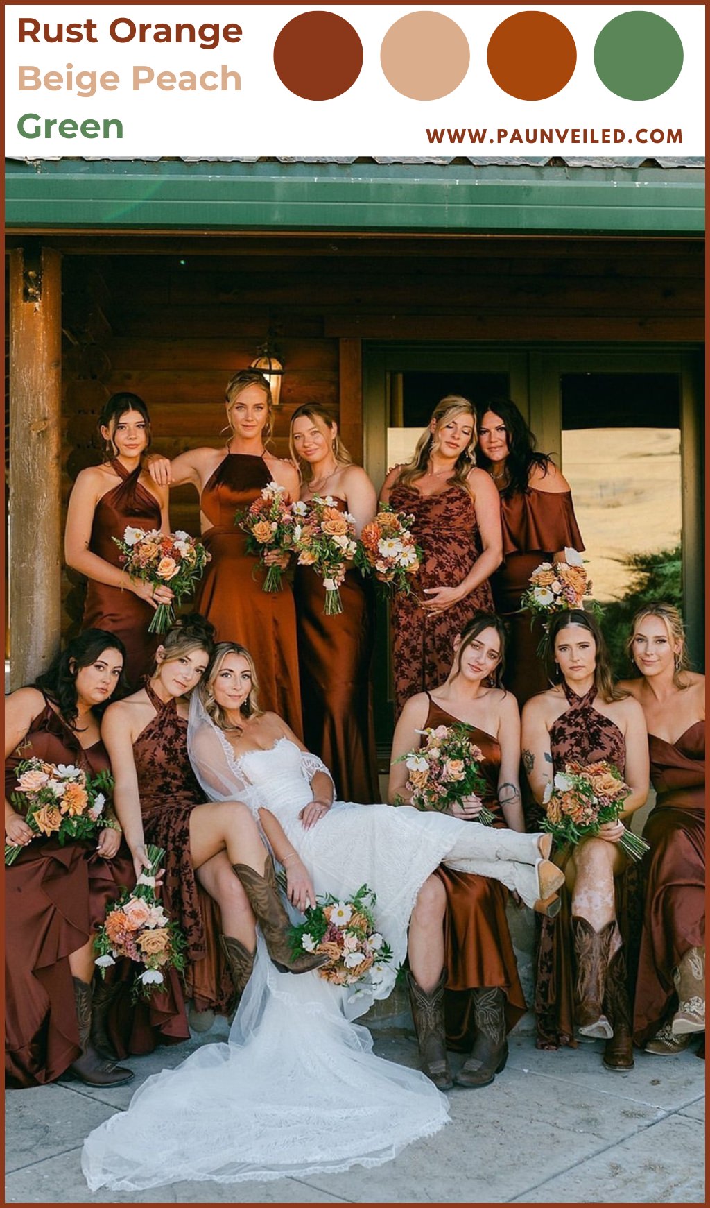 A rustic country wedding in the fall with the bride and bridesmaids posing in cowboy boots