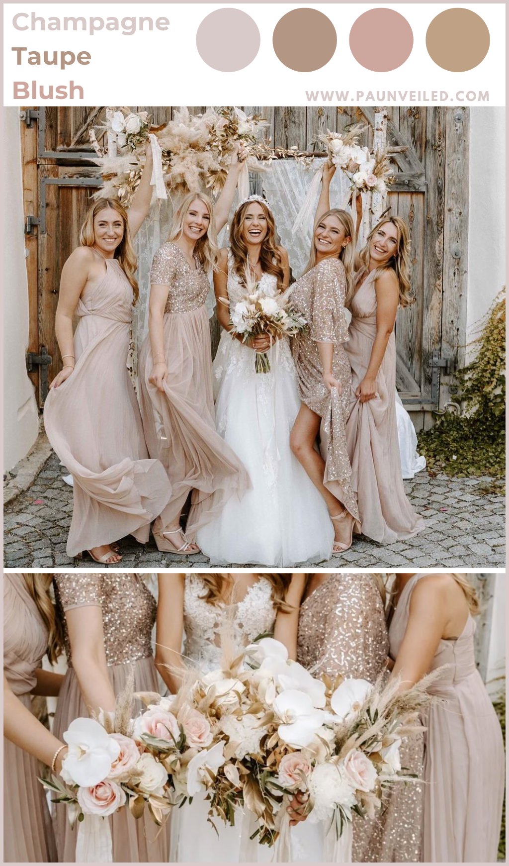 A bridal party wearing champagne colored bridesmaid dresses for a fall wedding