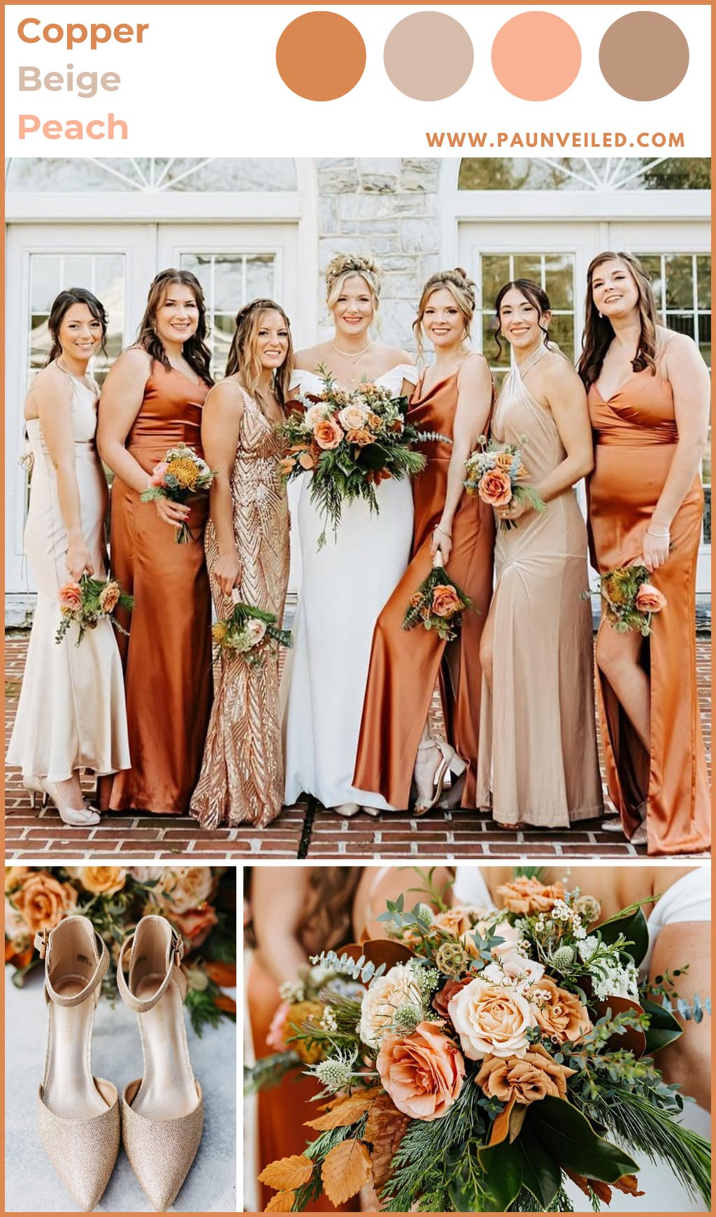 A fall wedding color palette featuring copper, beige, and peach. This shows the girls wearing mismatched bridesmaid dresses in those colors
