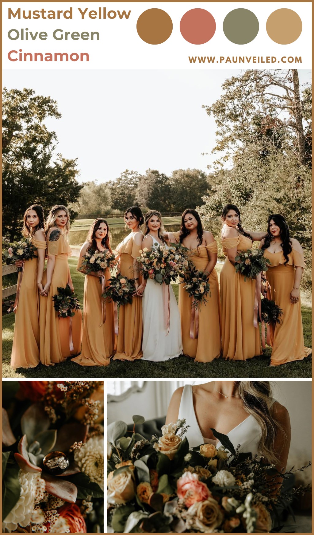 bridesmaids wearing mustard yellow dresses. This is for the blog called fall wedding colors for 2025