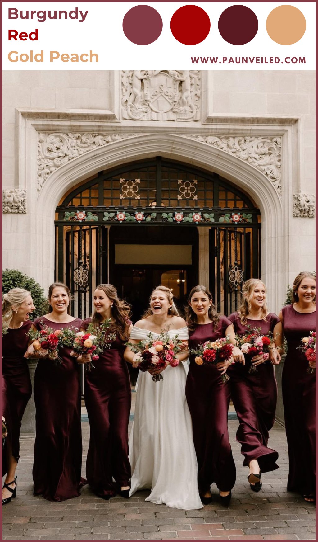 A bride and bridesmaids posing outdoors for a fall wedding. The girls are wearing pretty plum burgundy dresses