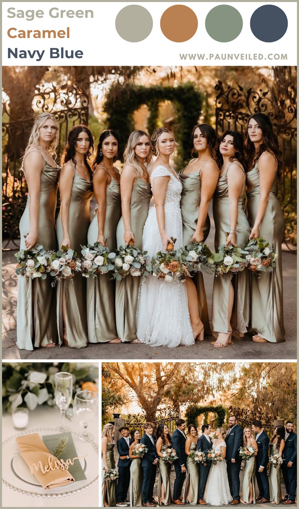 A bride and bridesmaids posing outside at a fall wedding. The girls are wearing pretty sage green dresses.