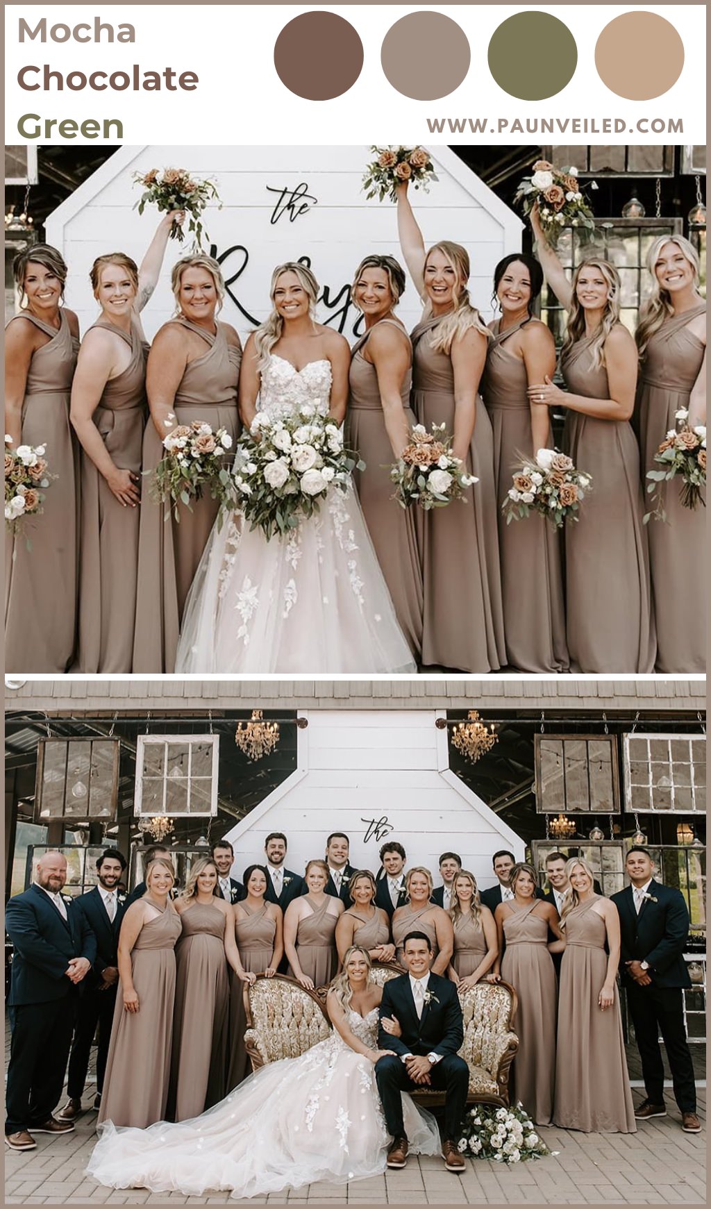 A bride posing with her bridesmaids at a fall wedding. The girls are wearing mocha colored dresses and holding bouquets with chocolate and beige tones