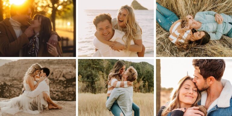 fun ideas for engagement photo poses. This is a collage showing 6 different engagement photos with the couples doing a variety of poses.