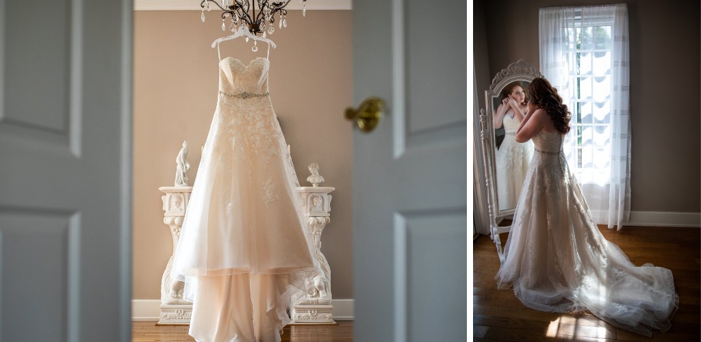 A wedding dress hanging from a hook and then the bride wearing the dress looking in the mirror
