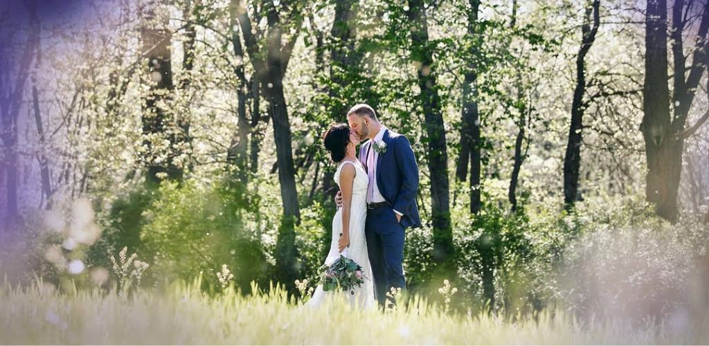 A bride and groom kissing in a field