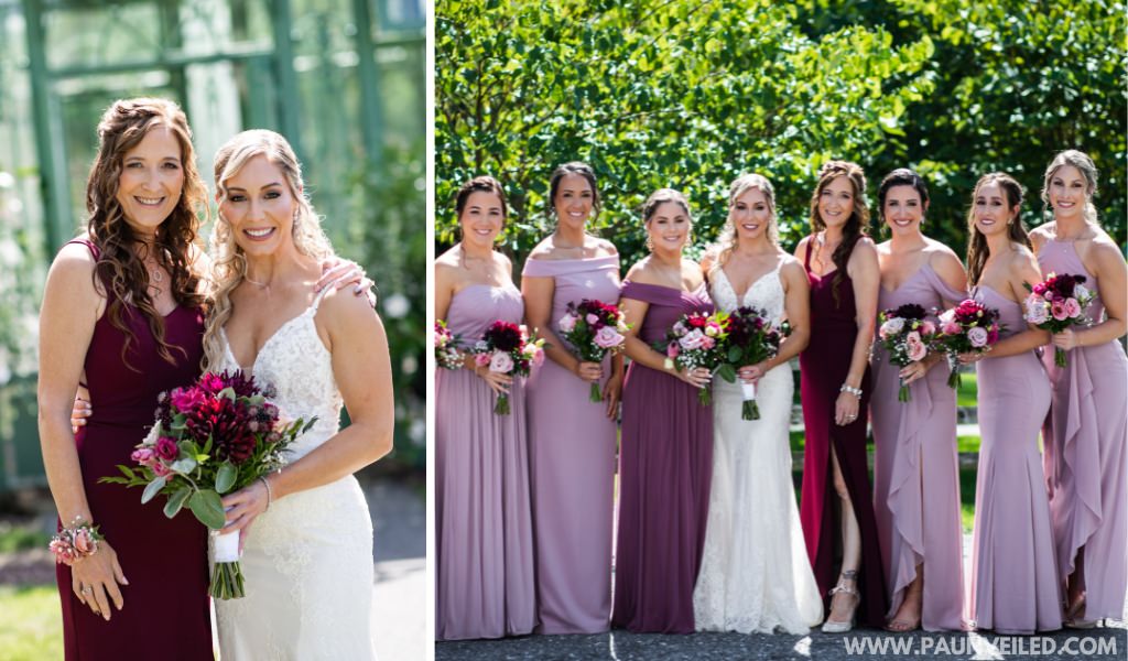 A bride and her bridal party posing. The bride's mom was the mom of honor and was party of the bridal party.