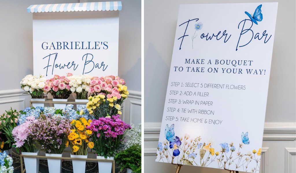 A bridal shower flower bar set up where guests make their own bouquet or floral arrangements and take them home as favors