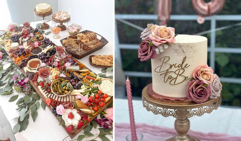 A lunch layout and a cake at a bridal shower