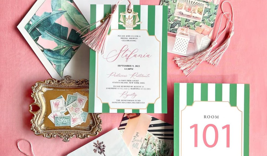 A pretty pink and green bridal shower invitation suite