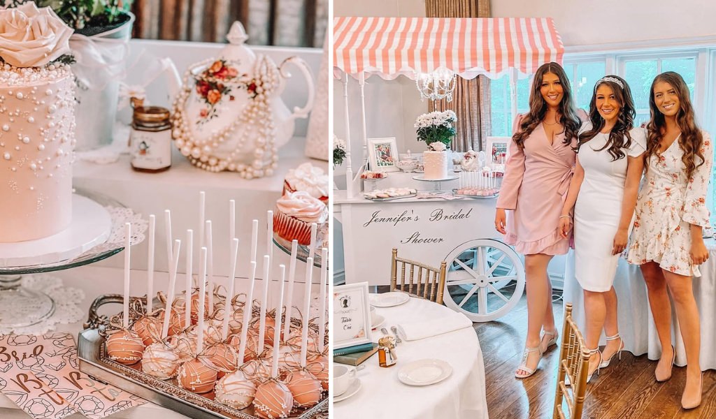 A cute pink bridal shower with the bride to be and two friends posing near the decor