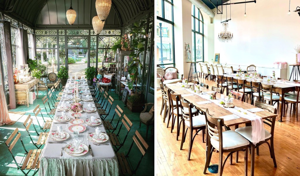 Two different bridal shower venues with decor set up