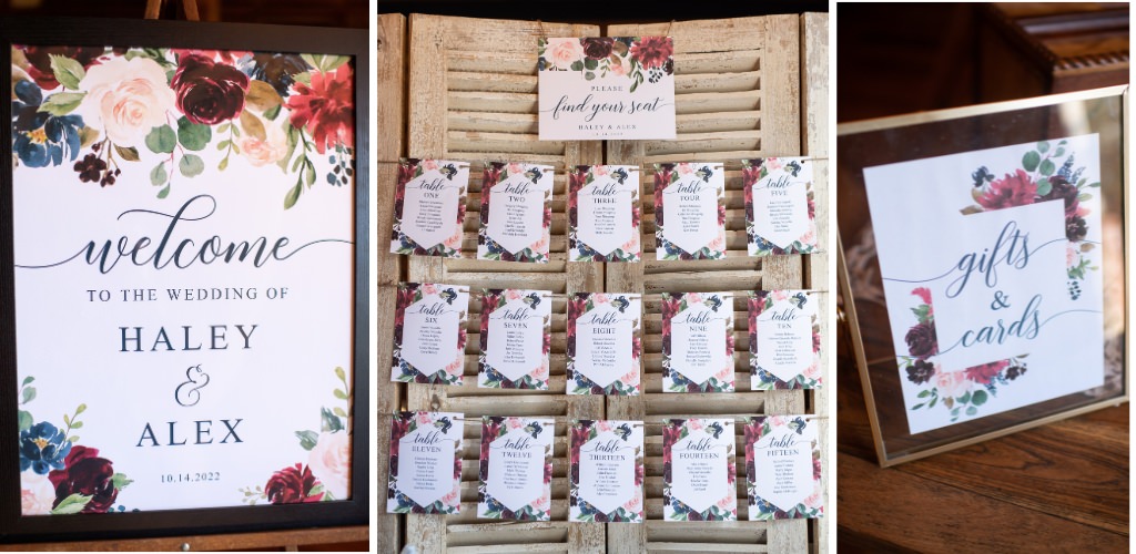 Examples of wedding day signage using a customizable template. This shows a seating chart, welcome sign, and card and gift sign all using the same design and template