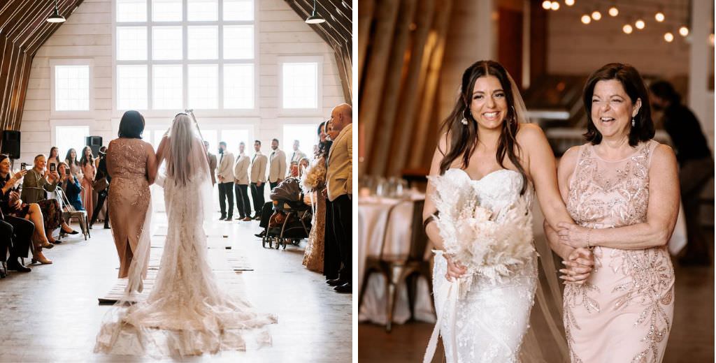 A mom walking the bride down the aisle at an indoor wedding ceremony. This shows angles from the front and the back